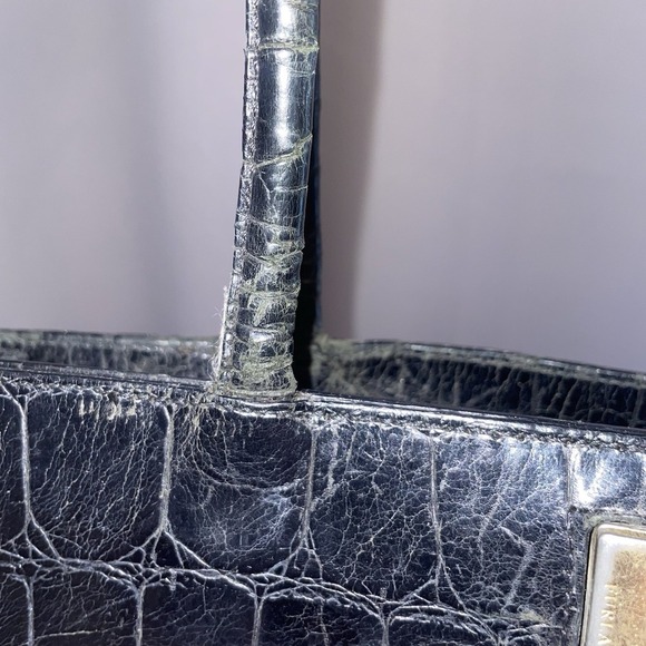 FURLA Vintage Black Tote Shoulder Bag Purse Crocodile Embossed Structured Square - Picture 4 of 13